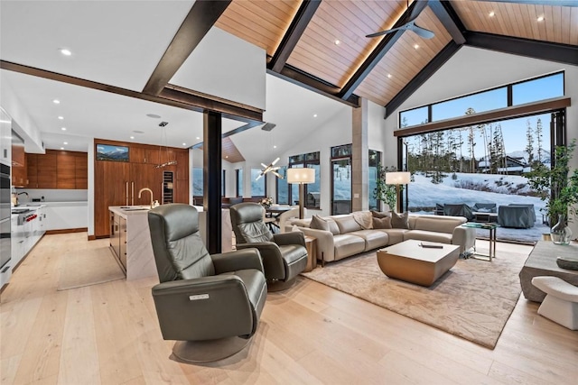 living room with sink, high vaulted ceiling, wooden ceiling, light wood-type flooring, and beam ceiling