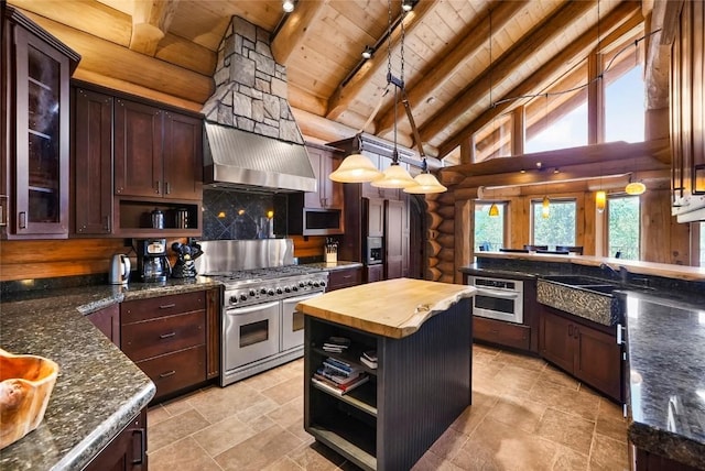 kitchen featuring butcher block counters, wall chimney exhaust hood, wooden ceiling, beamed ceiling, and high quality appliances