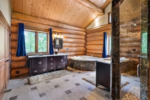 bathroom with vanity, lofted ceiling with beams, wood ceiling, and rustic walls