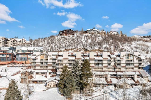 snow covered property featuring a residential view