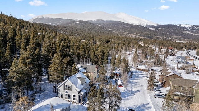 snowy aerial view featuring a mountain view