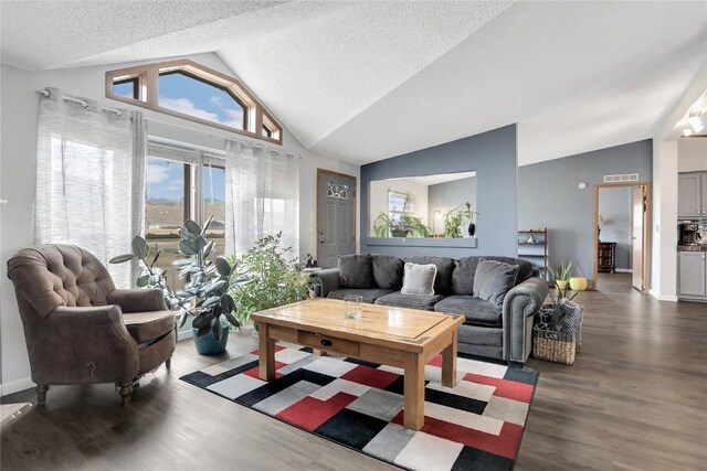 living room featuring a textured ceiling, dark wood-type flooring, and lofted ceiling