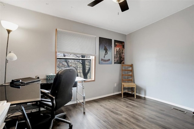 home office featuring ceiling fan and dark hardwood / wood-style flooring