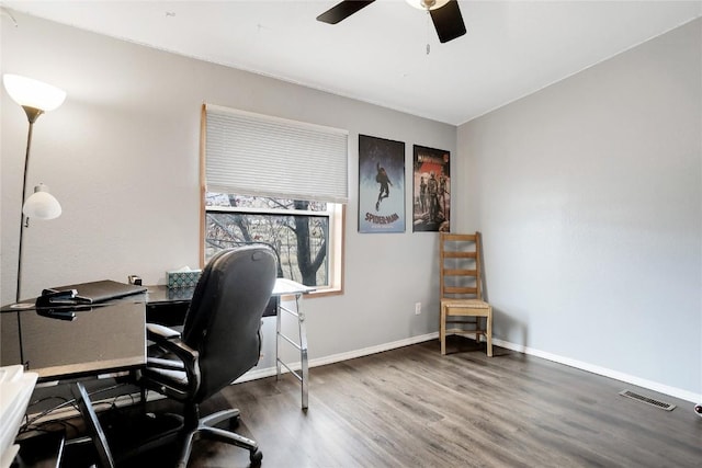 office with ceiling fan and dark hardwood / wood-style floors