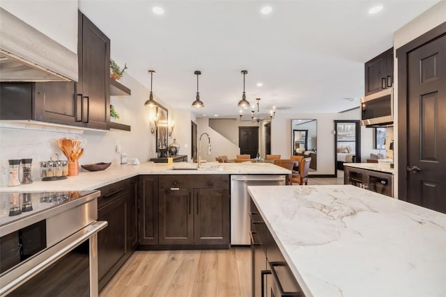 kitchen featuring appliances with stainless steel finishes, open floor plan, a sink, dark brown cabinets, and a peninsula