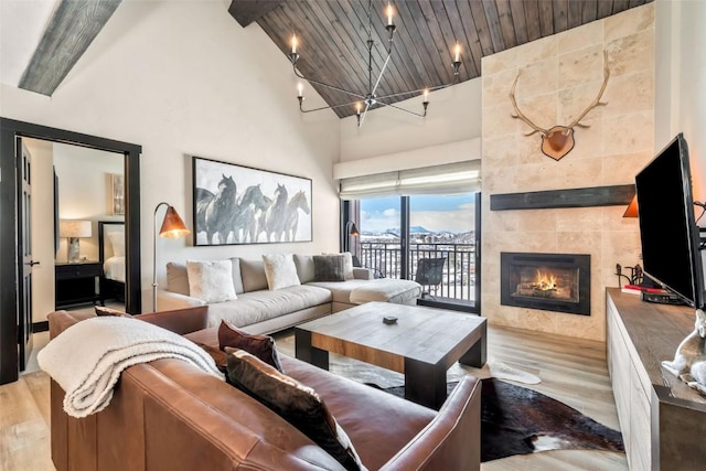 living area featuring a notable chandelier, a fireplace, wood finished floors, high vaulted ceiling, and wooden ceiling