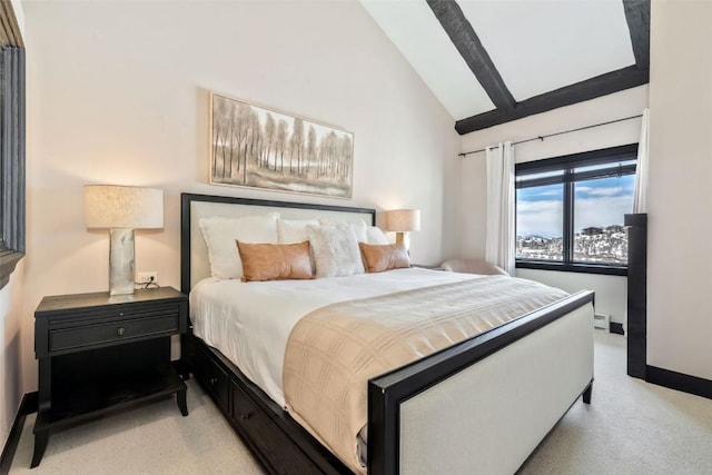 bedroom featuring high vaulted ceiling and baseboards