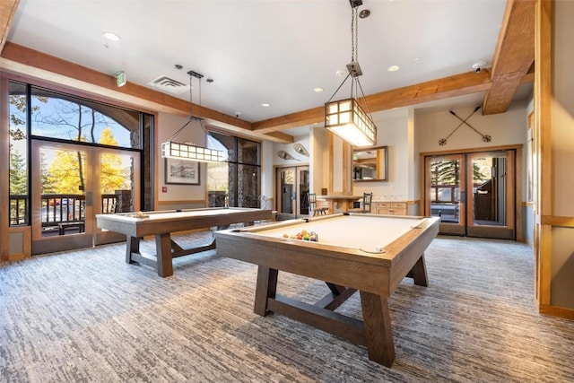 game room featuring beam ceiling, pool table, french doors, and carpet flooring