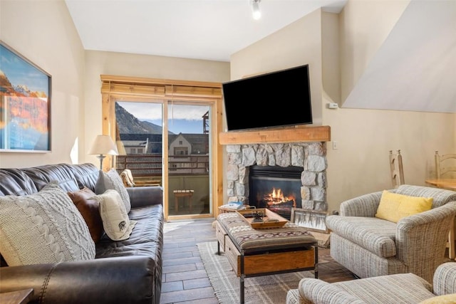 living room with a fireplace and wood-type flooring