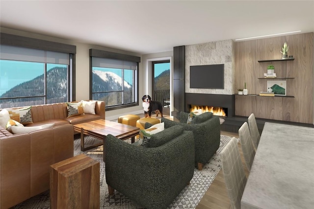 living room featuring dark hardwood / wood-style flooring and a large fireplace