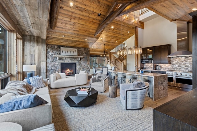 living room featuring wood ceiling, dark wood-type flooring, beam ceiling, high vaulted ceiling, and a fireplace