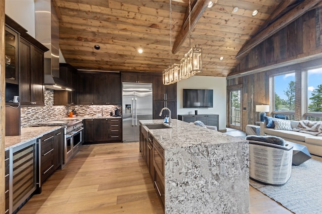 kitchen with high end appliances, wall chimney range hood, tasteful backsplash, wood ceiling, and beverage cooler