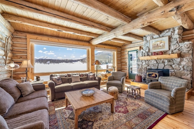 living area featuring log walls, beamed ceiling, wood-type flooring, and wood ceiling