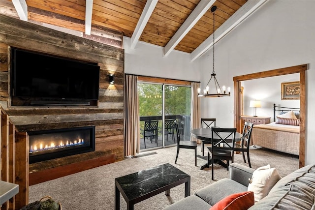 carpeted living room featuring beamed ceiling, high vaulted ceiling, wood ceiling, and a chandelier