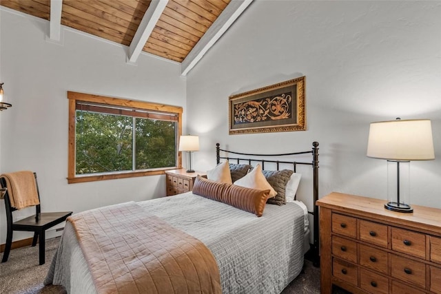 carpeted bedroom featuring wood ceiling and vaulted ceiling with beams