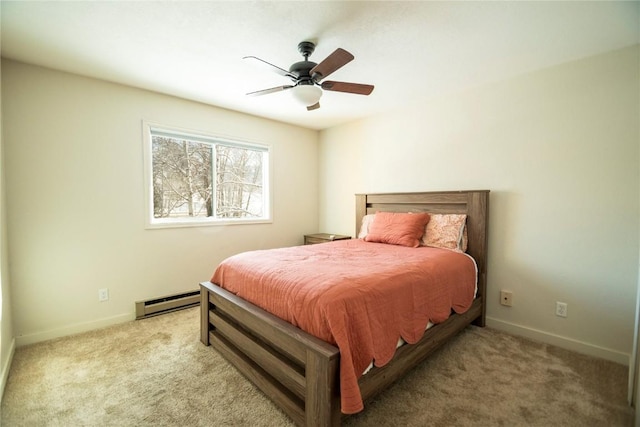 bedroom featuring light carpet, ceiling fan, and a baseboard heating unit