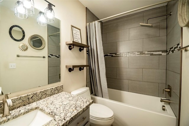 full bathroom featuring vanity, toilet, and shower / bathtub combination with curtain