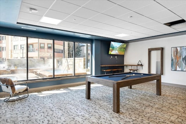 recreation room featuring carpet, a drop ceiling, and pool table