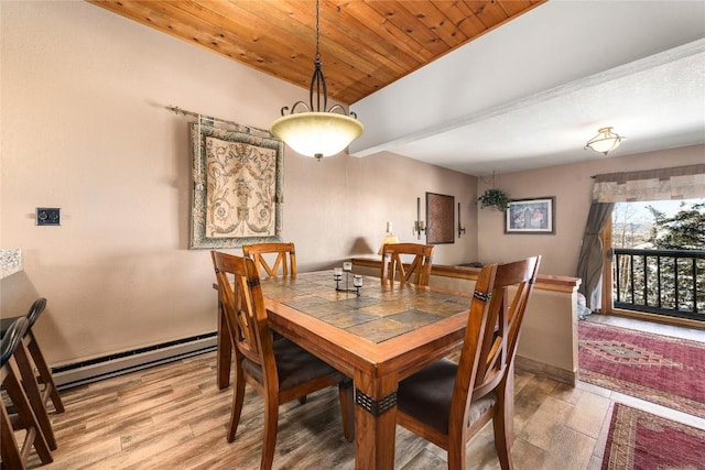 dining area with baseboard heating, hardwood / wood-style floors, and wooden ceiling