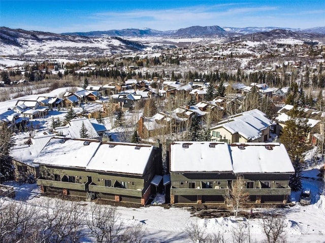 snowy aerial view featuring a mountain view