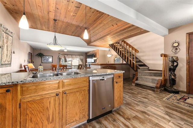 kitchen with dishwasher, wooden ceiling, sink, decorative light fixtures, and dark hardwood / wood-style flooring