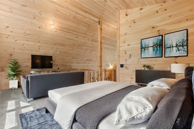 bedroom with wood walls, wood ceiling, and high vaulted ceiling