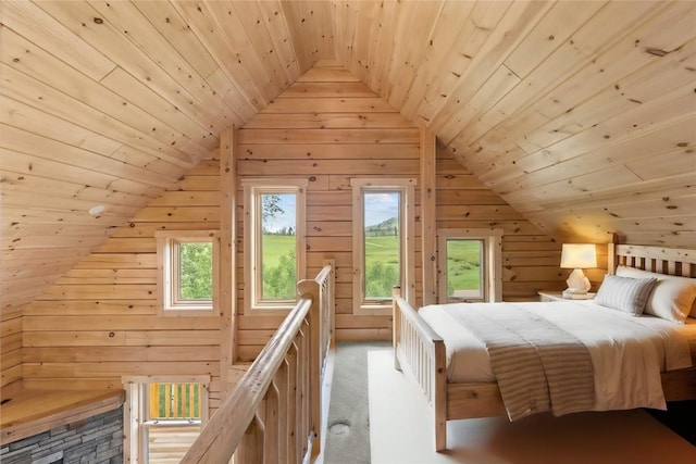 carpeted bedroom with vaulted ceiling and wood ceiling