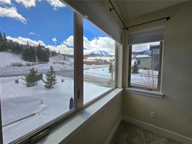 interior details featuring carpet floors, baseboards, and a mountain view