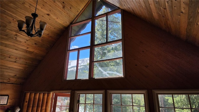 details featuring a mountain view, wooden ceiling, a notable chandelier, and wood walls