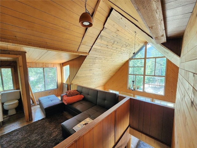 bonus room with vaulted ceiling with beams, wood walls, wooden ceiling, and hardwood / wood-style flooring