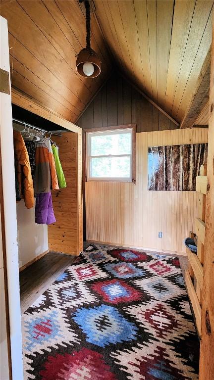 interior space featuring wood walls, wooden ceiling, and vaulted ceiling