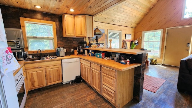 kitchen featuring kitchen peninsula, white appliances, dark wood-type flooring, sink, and butcher block counters