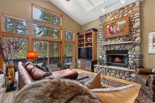 living room featuring a stone fireplace and high vaulted ceiling