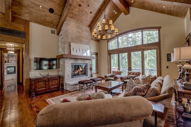 living room featuring visible vents, high vaulted ceiling, dark wood-style floors, a fireplace, and wood ceiling