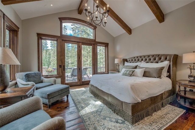 bedroom featuring access to exterior, hardwood / wood-style floors, beam ceiling, an inviting chandelier, and high vaulted ceiling