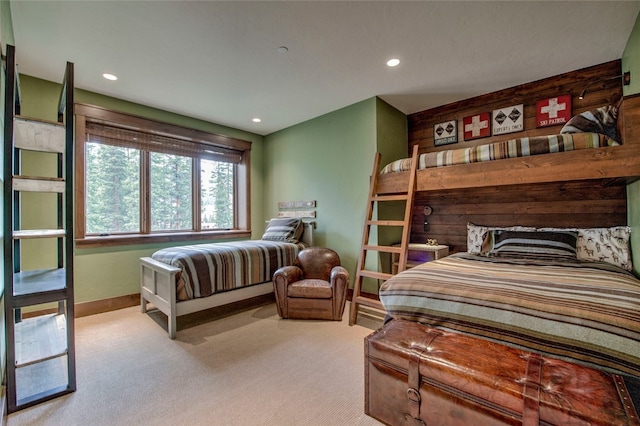 bedroom with recessed lighting, carpet, and baseboards