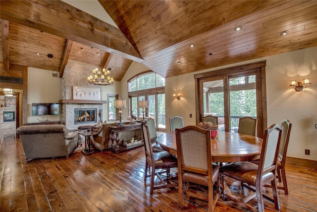 dining space with high vaulted ceiling, hardwood / wood-style flooring, wood ceiling, a glass covered fireplace, and a chandelier