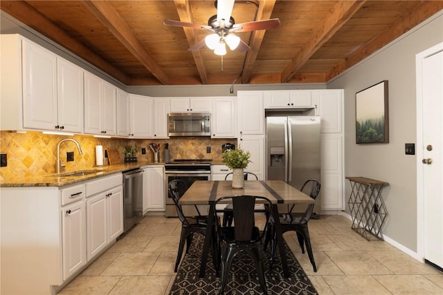 kitchen featuring sink, white cabinetry, stone countertops, and appliances with stainless steel finishes