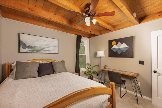 carpeted bedroom with wood ceiling, ceiling fan, and beamed ceiling