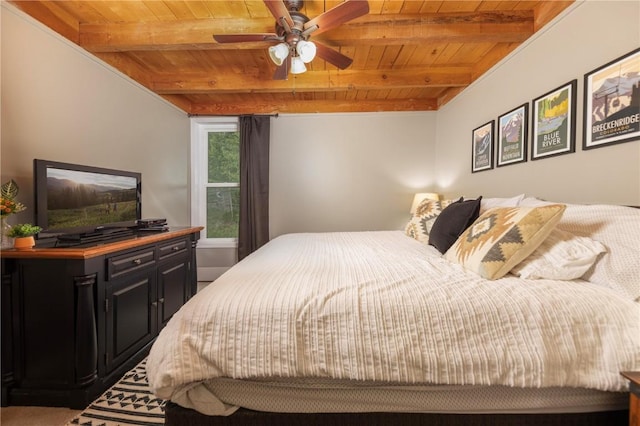 bedroom with wood ceiling, ceiling fan, and beamed ceiling