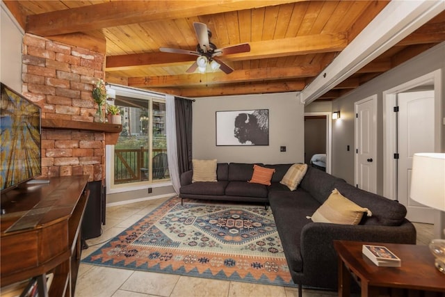 living room with ceiling fan, wood ceiling, beamed ceiling, and light tile patterned flooring