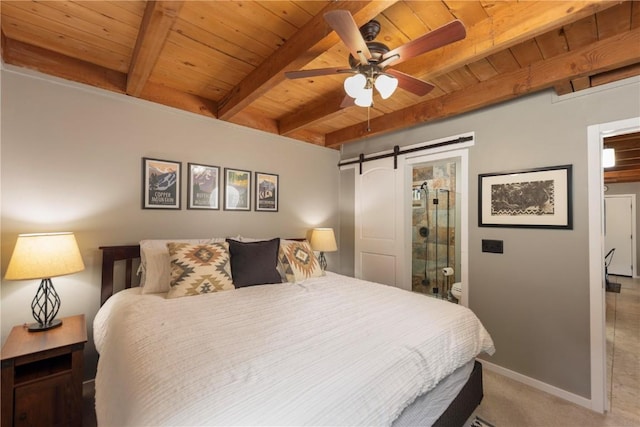 carpeted bedroom featuring ceiling fan, wooden ceiling, beam ceiling, and a barn door