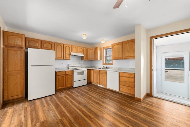 kitchen featuring white appliances, dark wood-type flooring, sink, ceiling fan, and tasteful backsplash