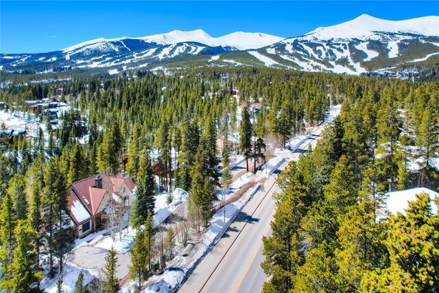 snowy aerial view featuring a mountain view