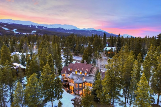 aerial view at dusk with a mountain view