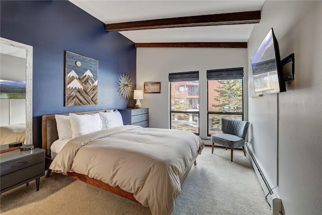 carpeted bedroom with lofted ceiling with beams and baseboard heating