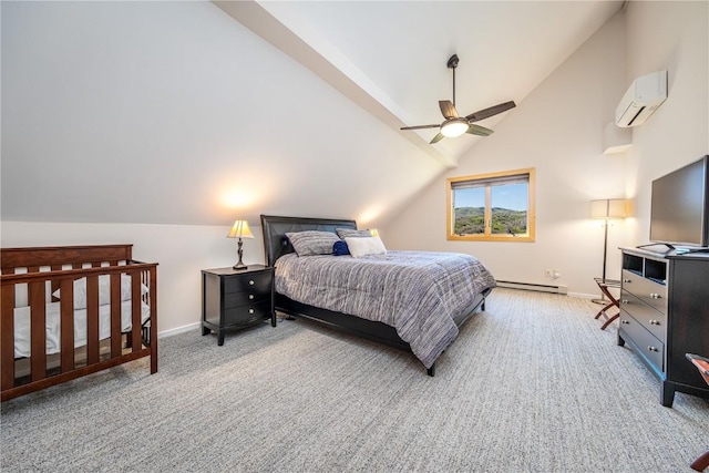 carpeted bedroom with baseboard heating, a wall mounted AC, ceiling fan, and lofted ceiling