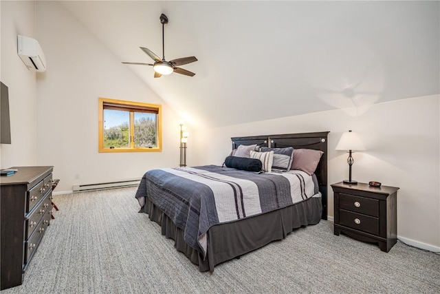 bedroom featuring lofted ceiling, light carpet, a wall mounted AC, ceiling fan, and a baseboard radiator