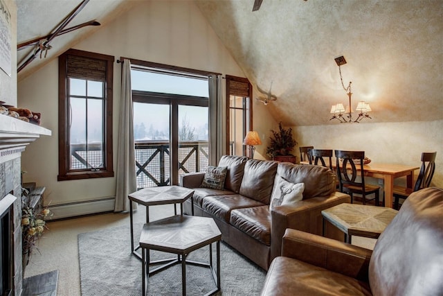 carpeted living area featuring vaulted ceiling, a baseboard radiator, a fireplace with flush hearth, and an inviting chandelier