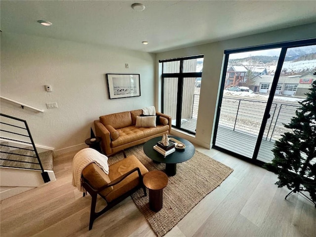 living room featuring a wealth of natural light and light hardwood / wood-style flooring